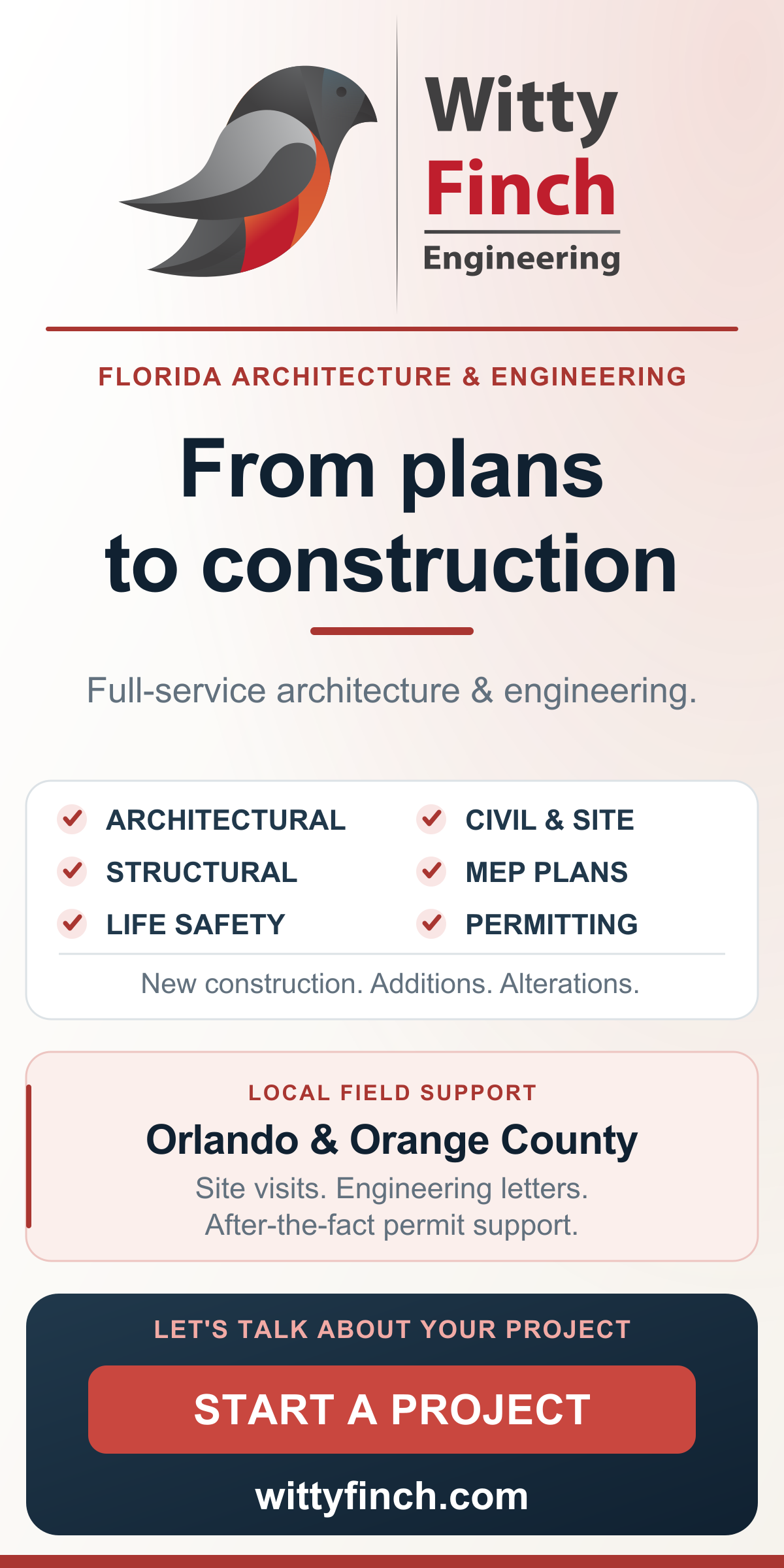 Witty Finch Engineering: Florida architecture and engineering, from plans to construction. Orlando and Orange County field support. Start a project.