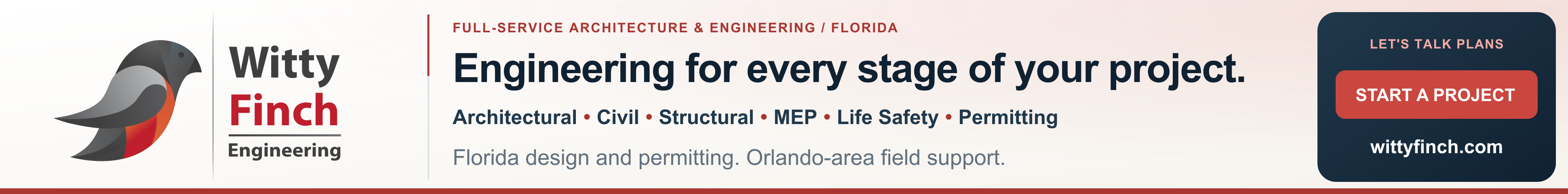Witty Finch Engineering: architectural, civil, structural, MEP, life safety, and permitting services in Florida. Start a project.